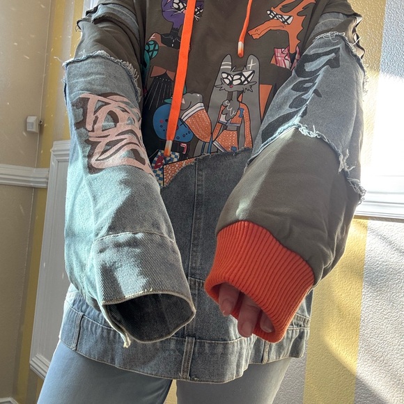 Graphic Patchwork Hoodie with Orange Accents - Picture 6 of 9